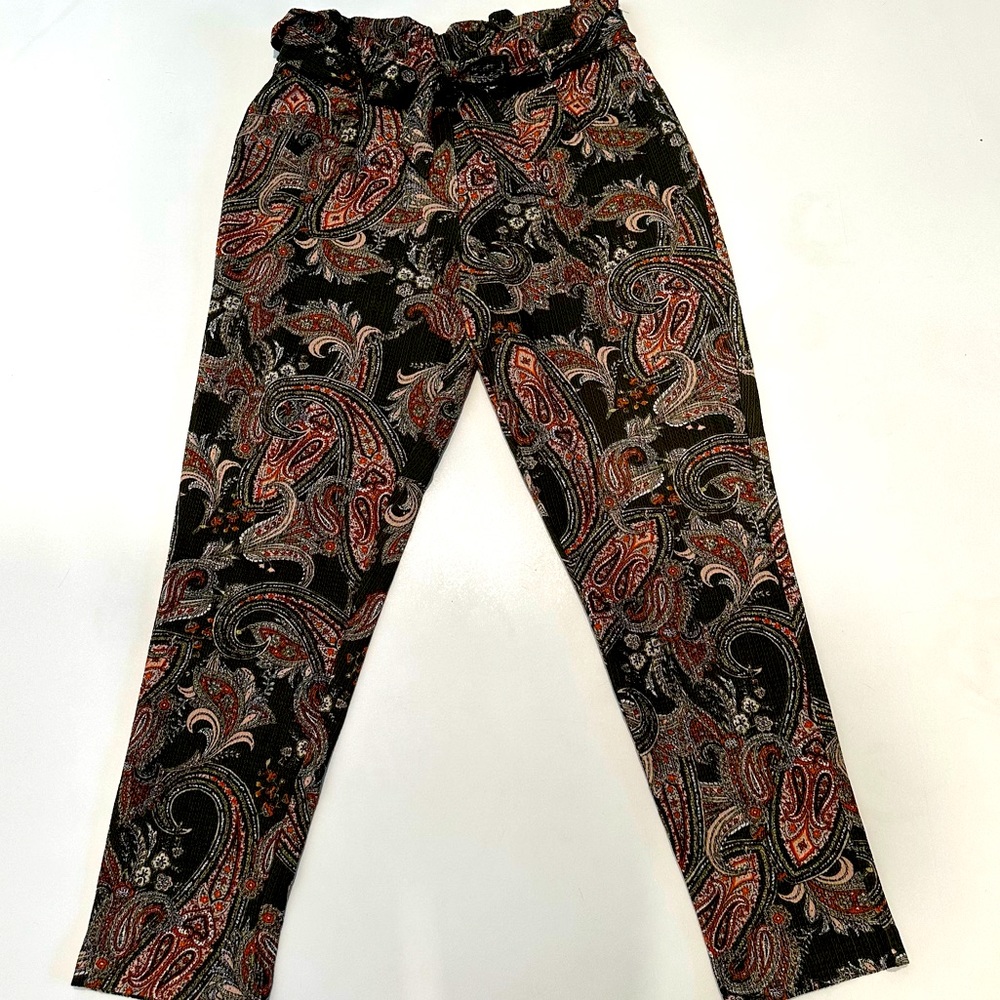SOHO Apparel Paisley Paperbag Pleated Olive Green Trouser Pants Womens Size M